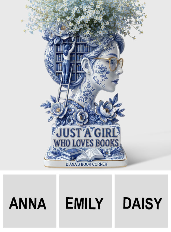 Einfach ein Mädchen, das Bücher liebt – personalisierte Acryl-Blumenvase in Buchform