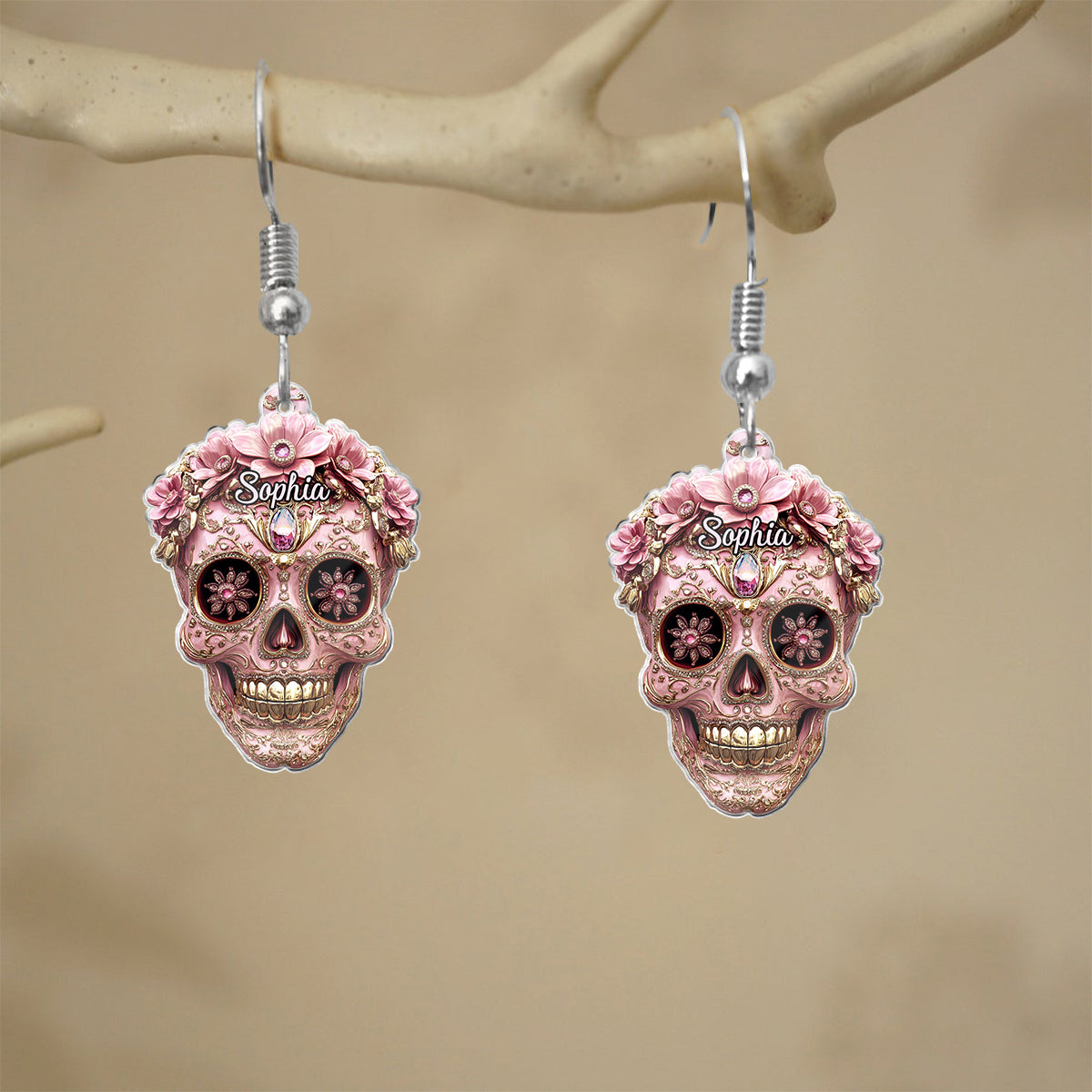 Wunderschöner rosa Totenkopf – Personalisierte transparente Totenkopf-Ohrringe