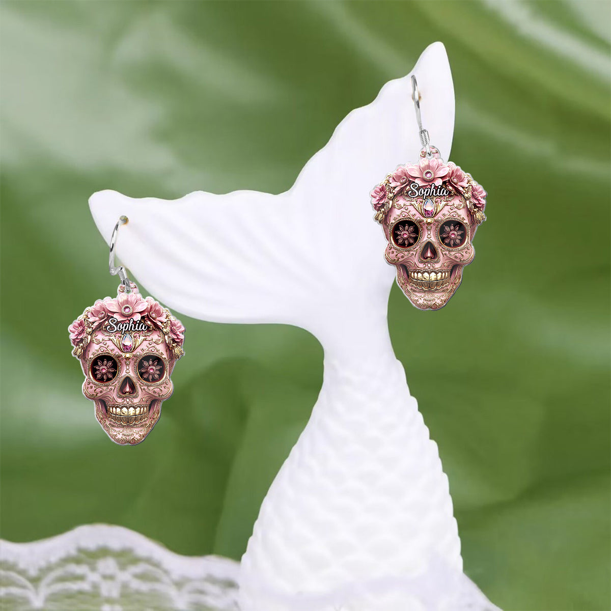 Wunderschöner rosa Totenkopf – Personalisierte transparente Totenkopf-Ohrringe