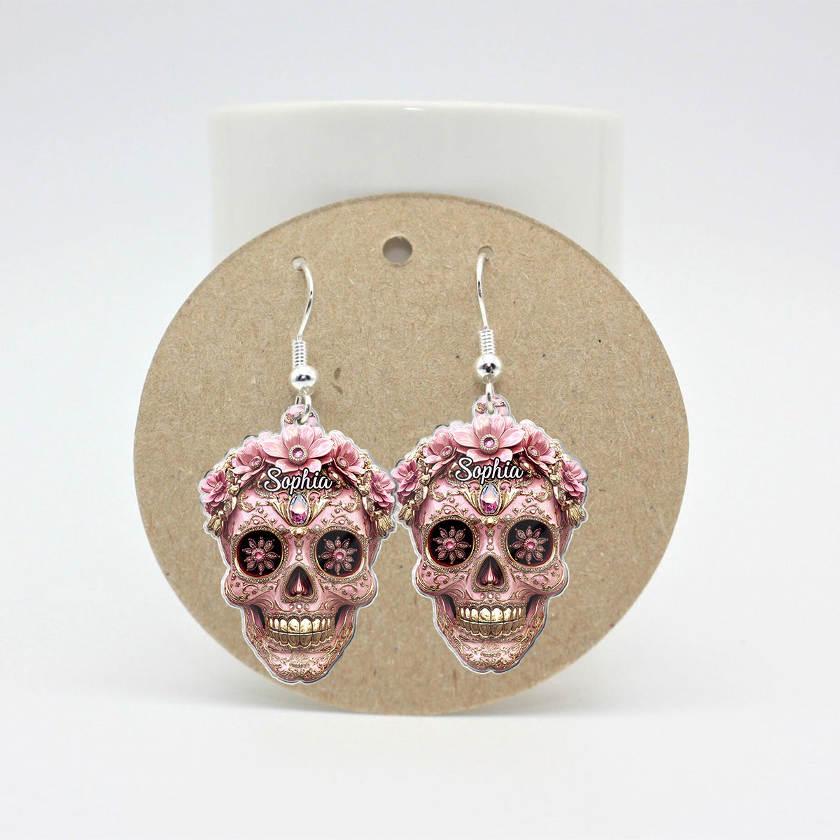 Wunderschöner rosa Totenkopf – Personalisierte transparente Totenkopf-Ohrringe