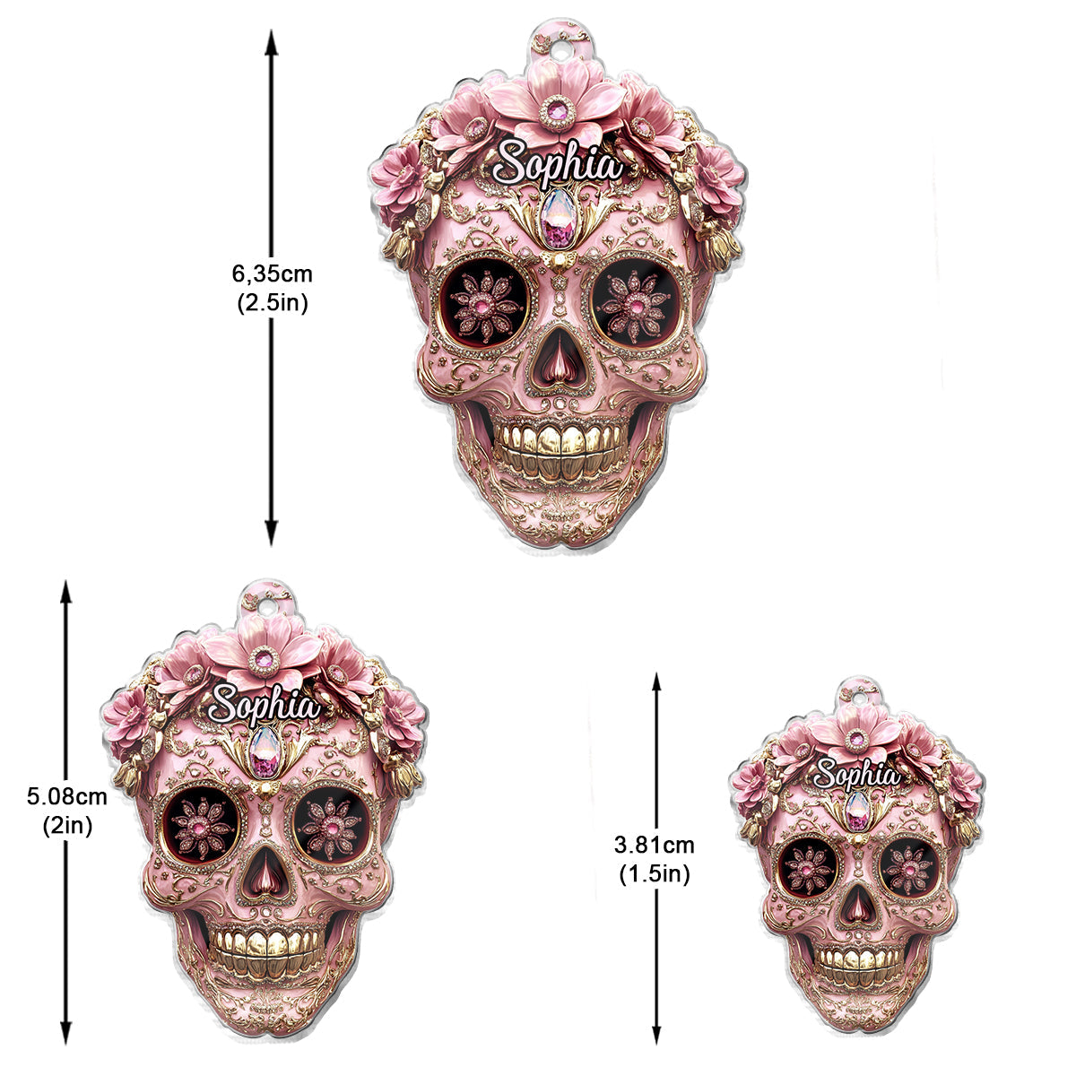 Wunderschöner rosa Totenkopf – Personalisierte transparente Totenkopf-Ohrringe