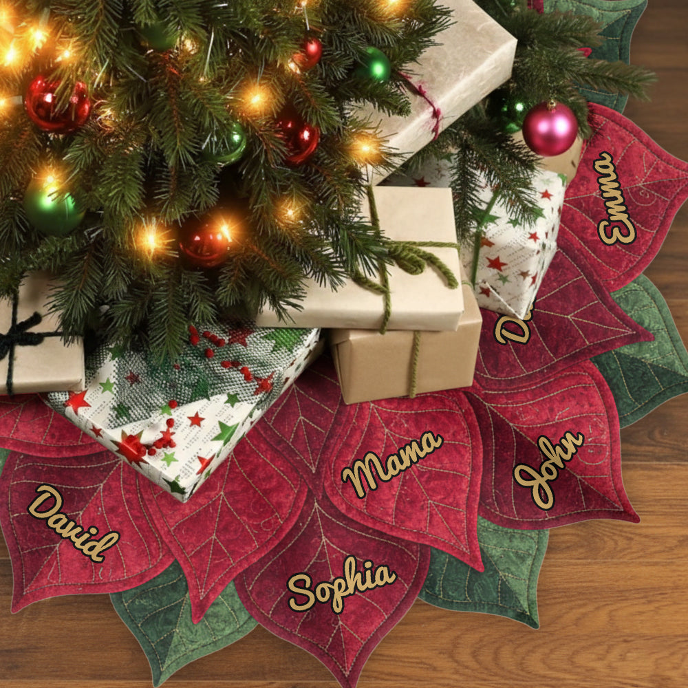 Jupe de sapin personnalisée avec poinsettia et nom pour une grande famille, Joyeux Noël 2025 - Jupe de sapin personnalisée en forme de famille