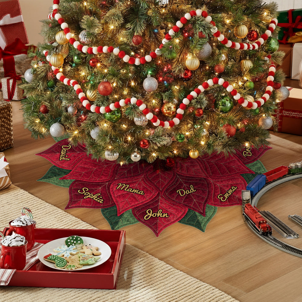Jupe de sapin personnalisée avec poinsettia et nom pour une grande famille, Joyeux Noël 2025 - Jupe de sapin personnalisée en forme de famille
