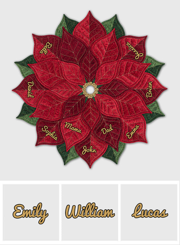 Jupe de sapin personnalisée avec poinsettia et nom pour une grande famille, Joyeux Noël 2025 - Jupe de sapin personnalisée en forme de famille
