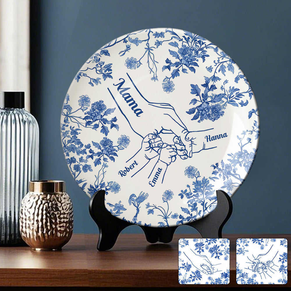 Classic White & Blue Mother Children Hands - Personalized Mother Ceramic Round Plate