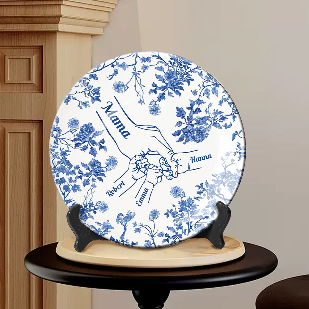 Classic White & Blue Mother Children Hands - Personalized Mother Ceramic Round Plate