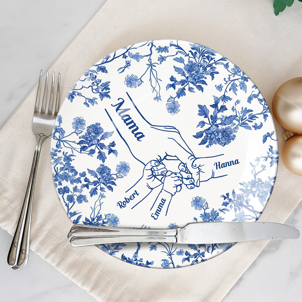 Classic White & Blue Mother Children Hands - Personalized Mother Ceramic Round Plate