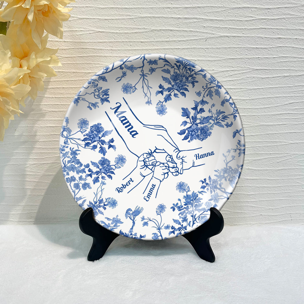 Classic White & Blue Mother Children Hands - Personalized Mother Ceramic Round Plate