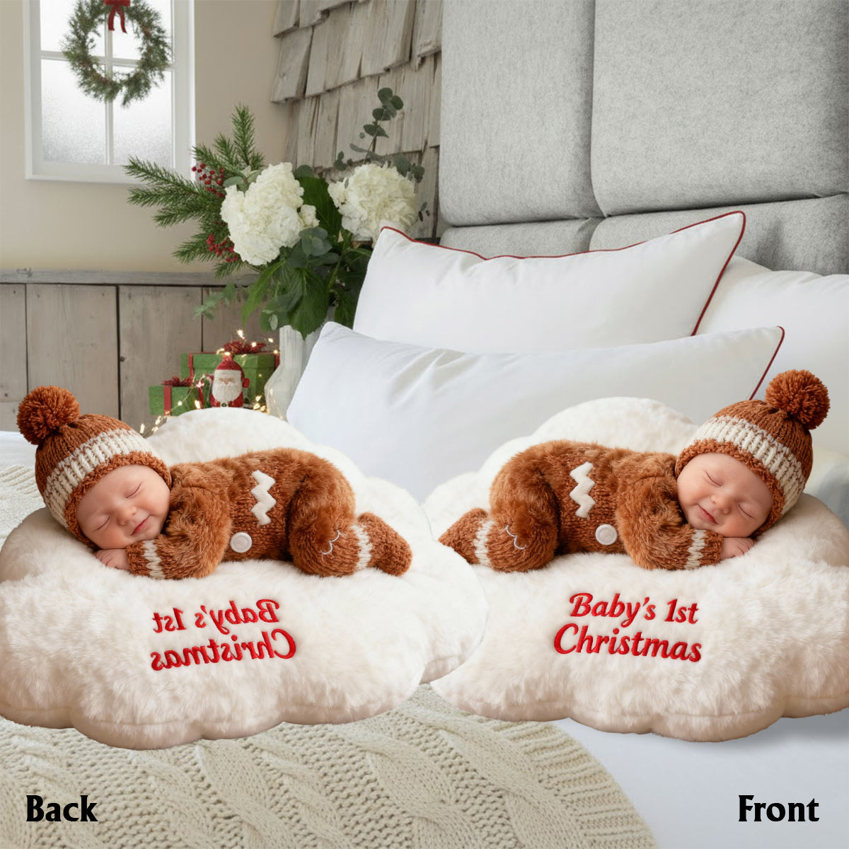 Premier Noël de bébé - Coussin en fausse fourrure personnalisé pour enfant
