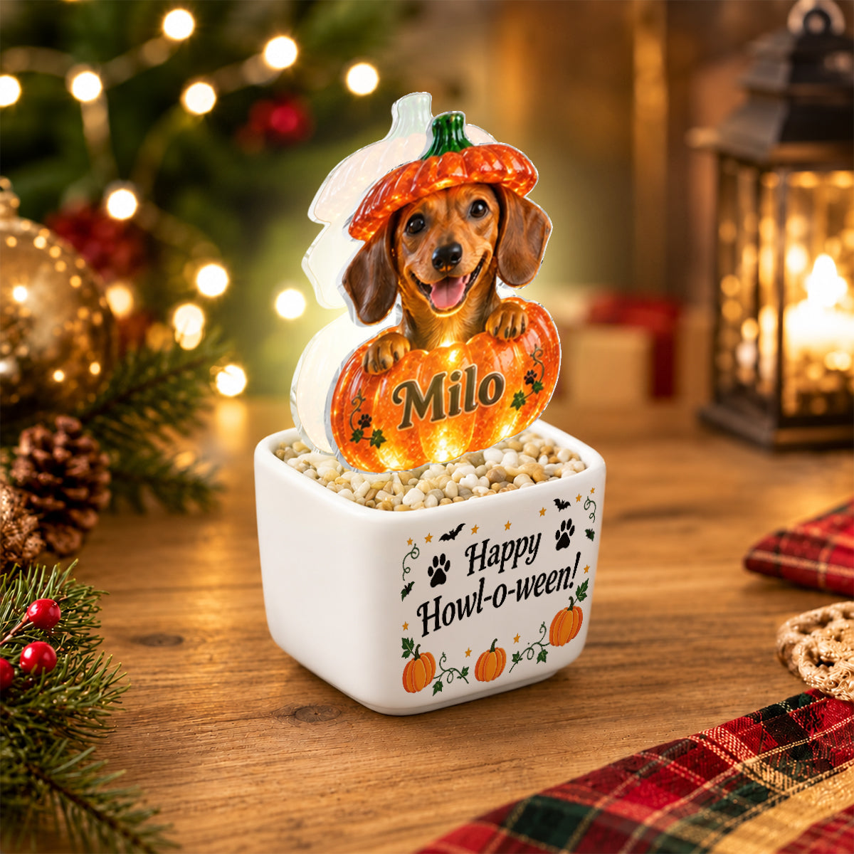 Cute Pet Halloween Decor - Personalized Dog LED Light Ceramic Pot