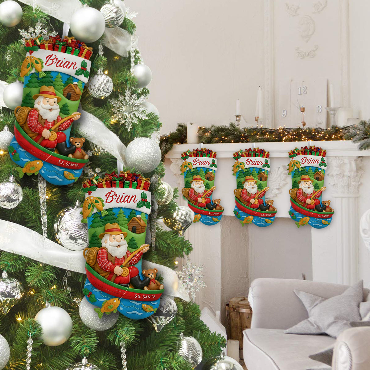 Weihnachtsmann beim Angeln - Personalisierter Weihnachtsstrumpf in Angelform