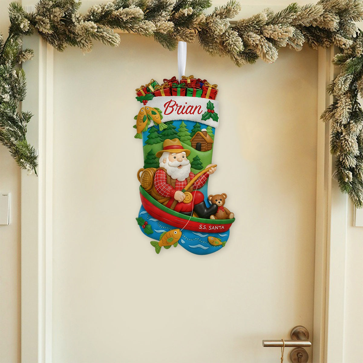 Weihnachtsmann beim Angeln - Personalisierter Weihnachtsstrumpf in Angelform