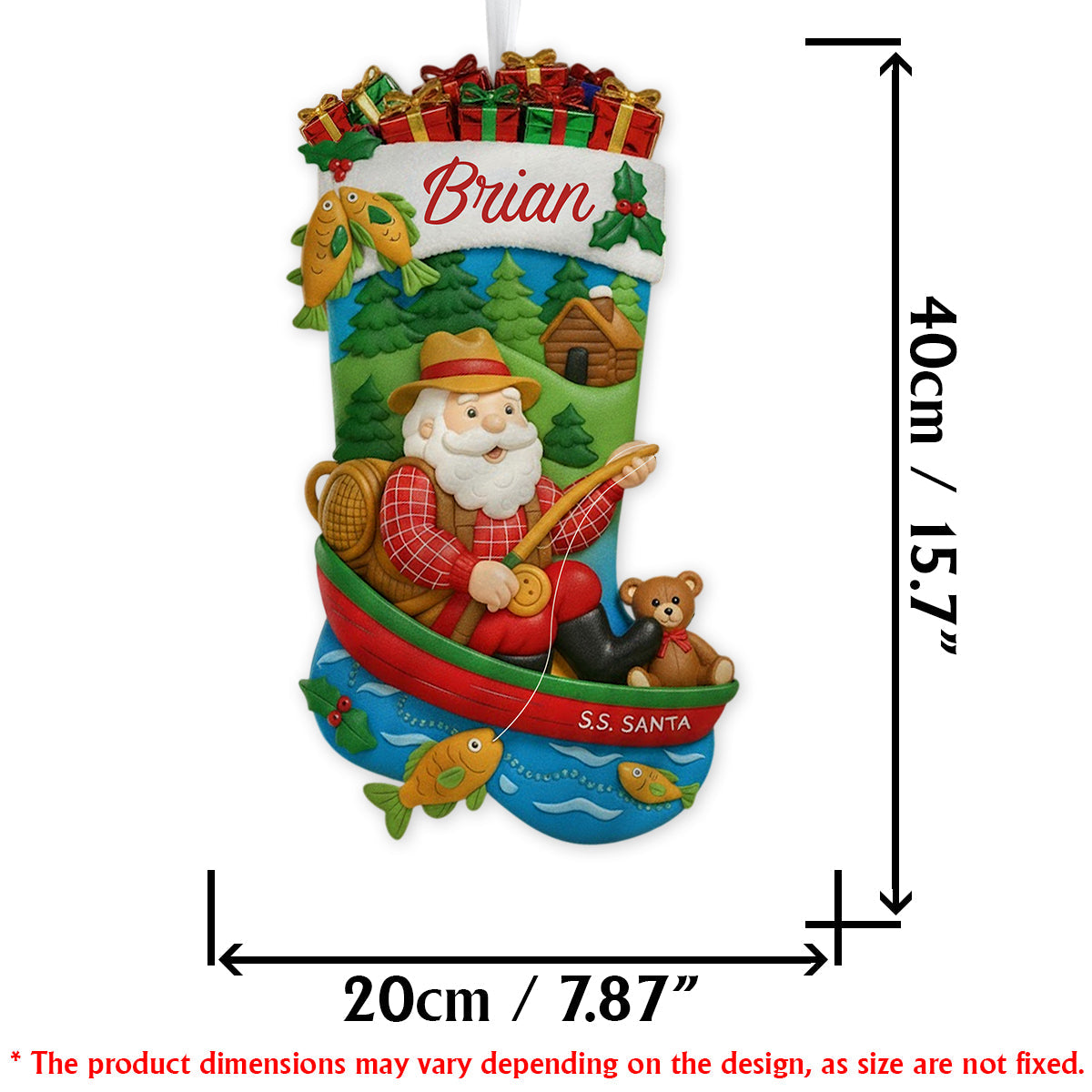 Weihnachtsmann beim Angeln - Personalisierter Weihnachtsstrumpf in Angelform