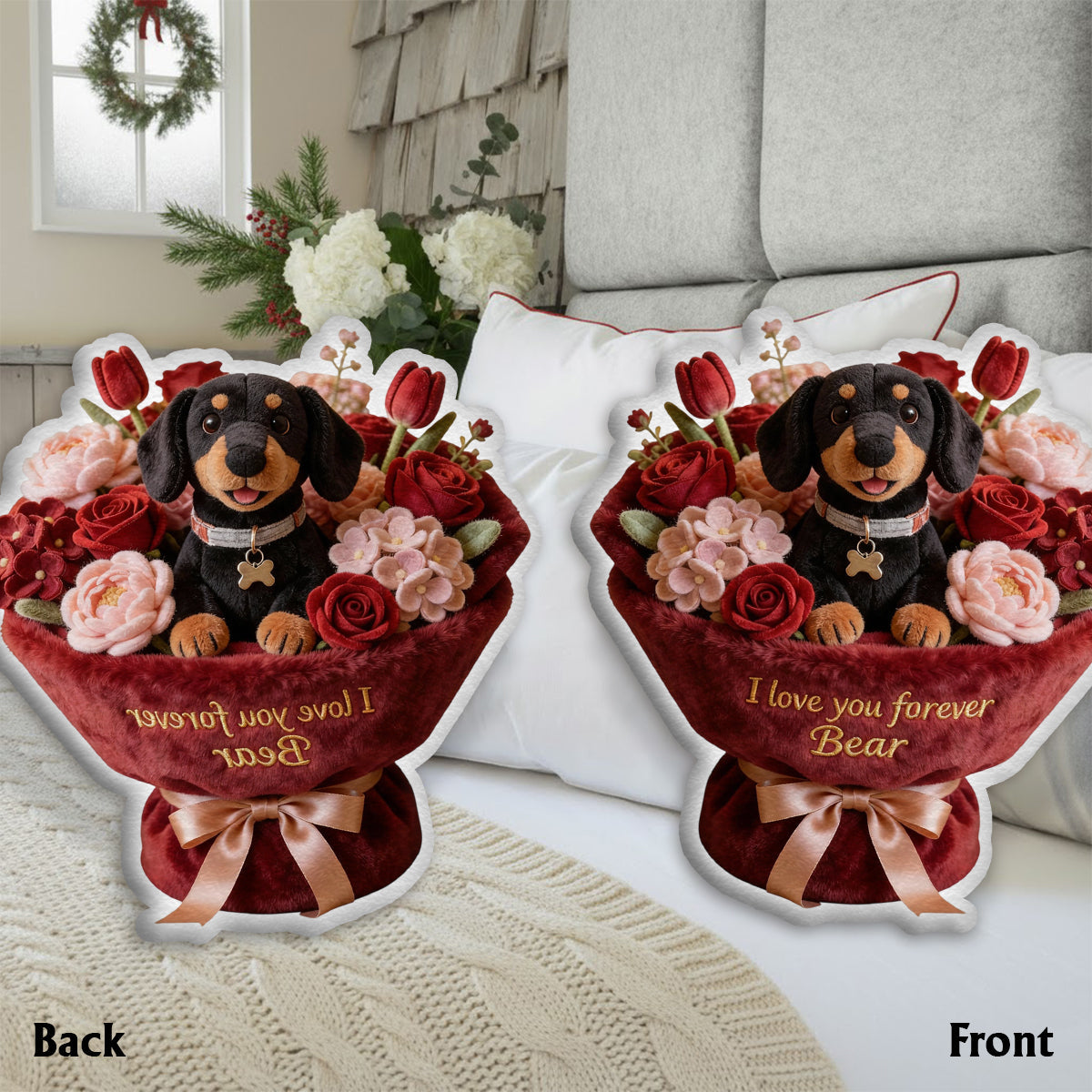 Plüschtier Welpe & Blume – Personalisiertes Kissen in Hundeform aus Kunstfell