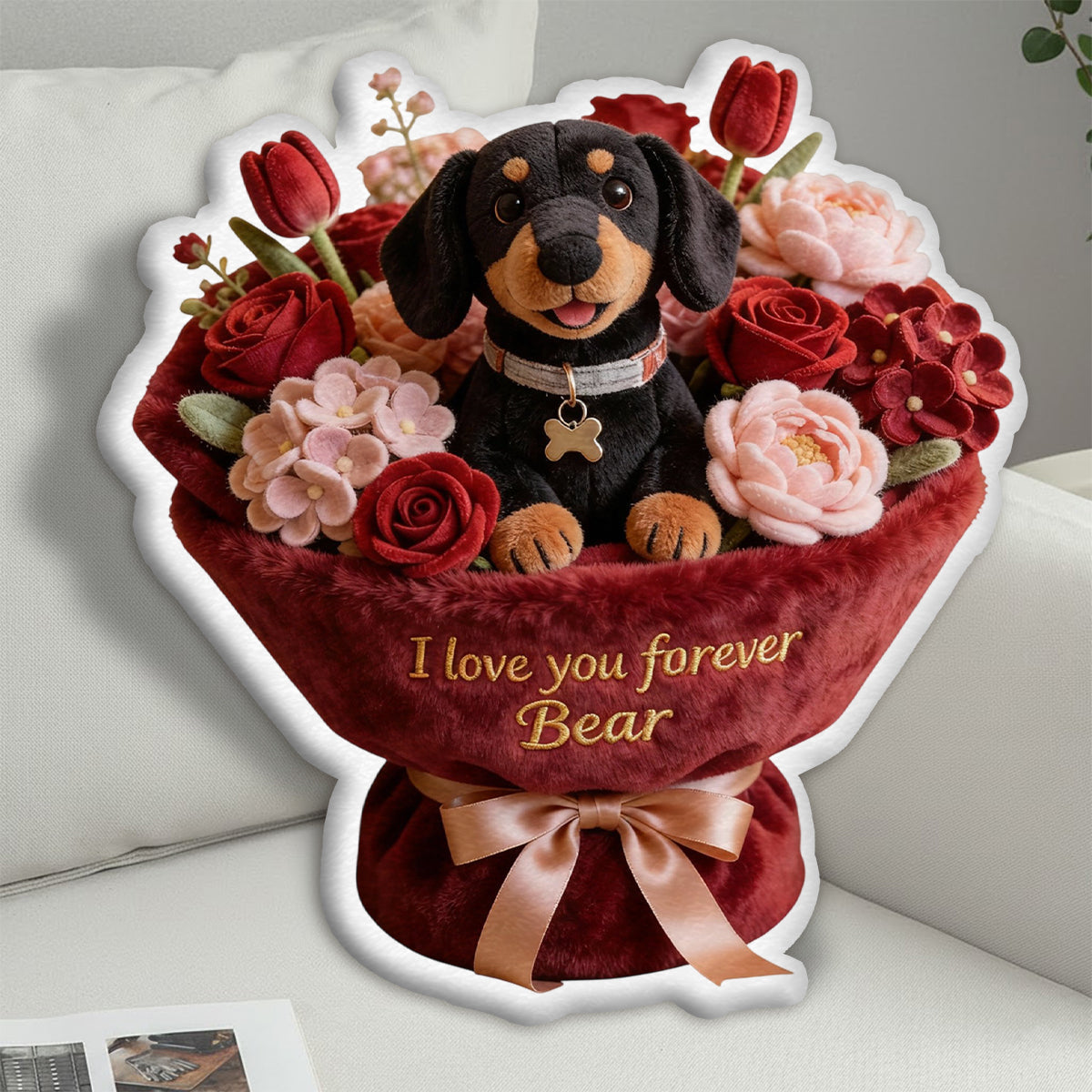 Plüschtier Welpe & Blume – Personalisiertes Kissen in Hundeform aus Kunstfell