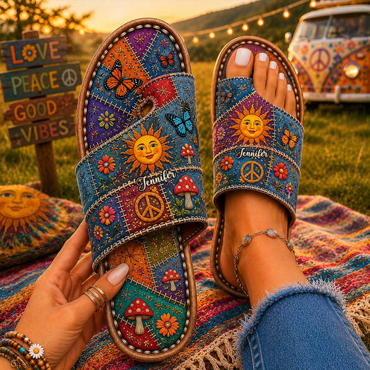 Vibes Heureuses - Sandales Hippie Personnalisées à Bout Ouvert