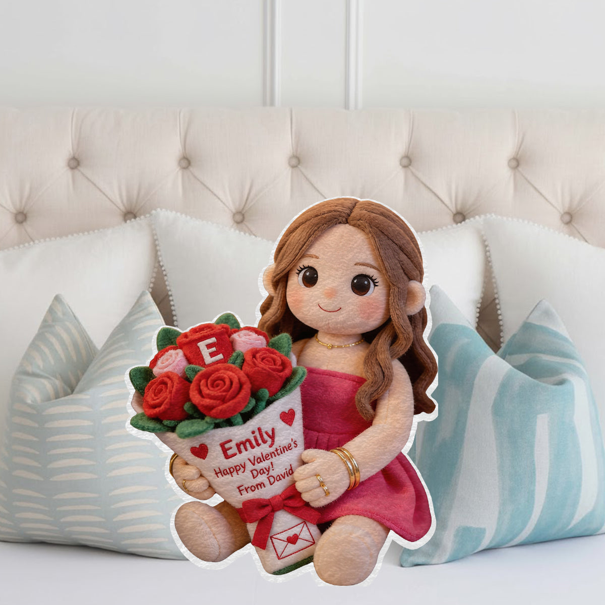 Coussin personnalisé en fausse fourrure en forme de couple avec photo et initiales des noms