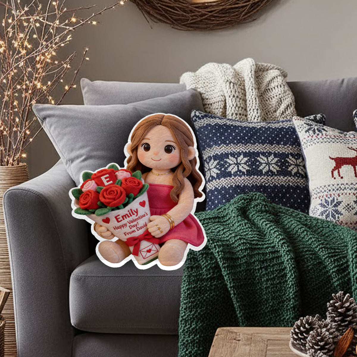 Coussin personnalisé en fausse fourrure en forme de couple avec photo et initiales des noms