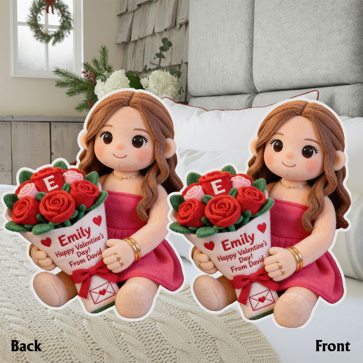 Coussin personnalisé en fausse fourrure en forme de couple avec photo et initiales des noms