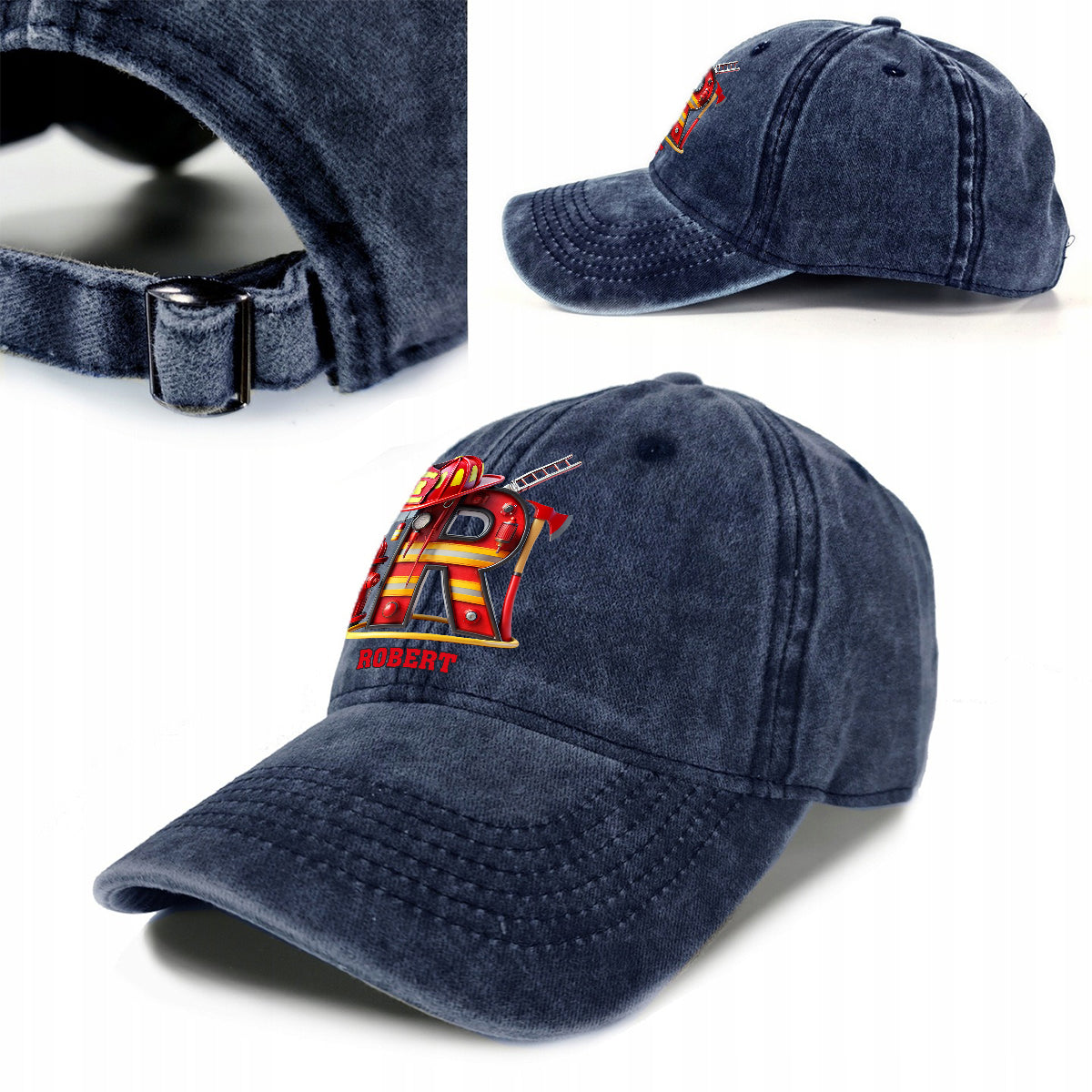 Alphabet Feuerwehrmann – Personalisierte Feuerwehr-Jeanskappe aus gewaschenem Denim