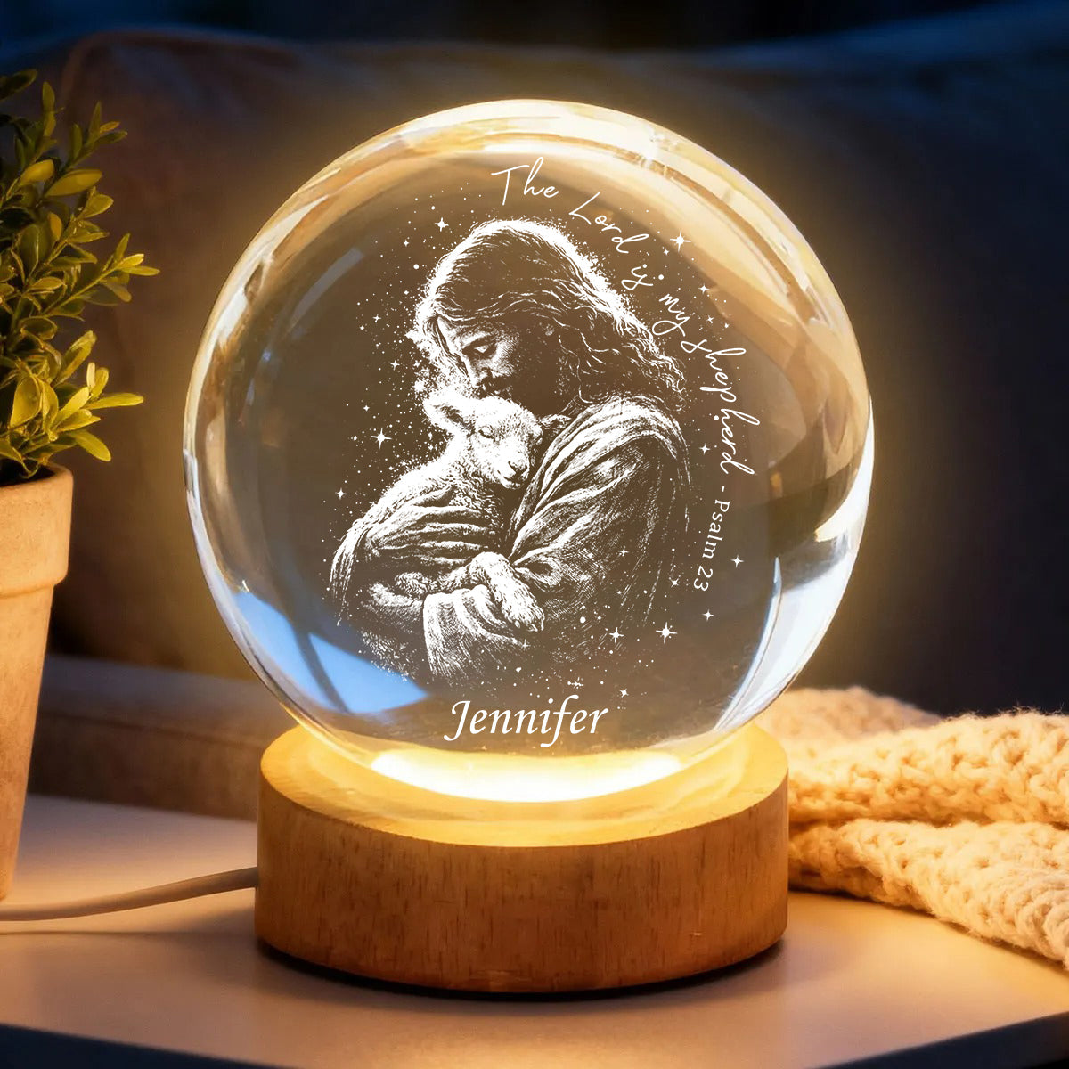 Le Seigneur est mon berger - Veilleuse boule de cristal chrétienne personnalisée