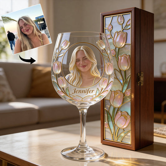Personalisierte Geburtsmonatsblume mit Foto – Weingläser-Set zur Selbstliebe in Holzbox