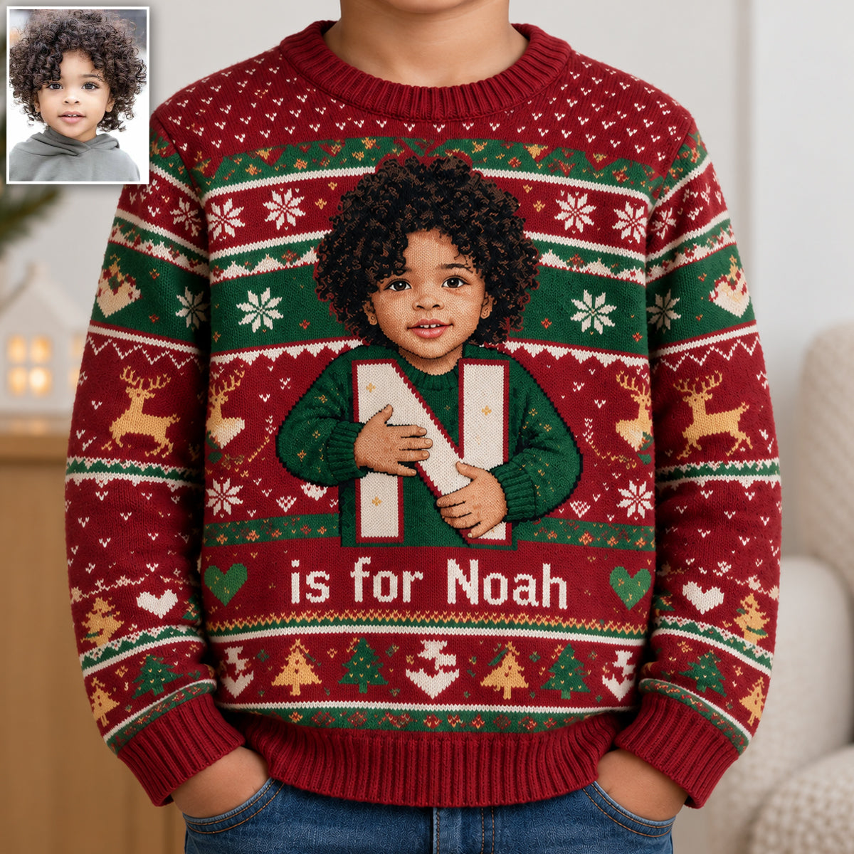 Any Photo - Alphabet Christmas - Personalized Kid Ugly Sweater