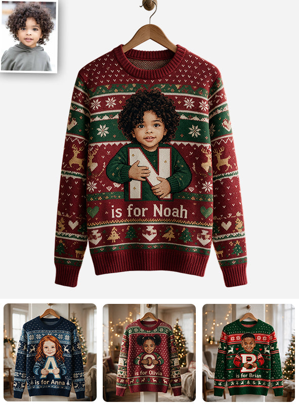 Any Photo - Alphabet Christmas - Personalized Kid Ugly Sweater