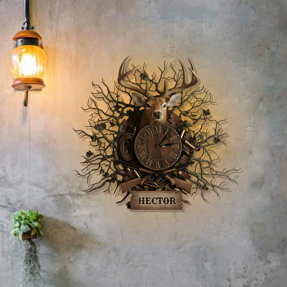 Geschenk für Hirschjäger – Personalisierte LED-Wanduhr mit Jagdlicht