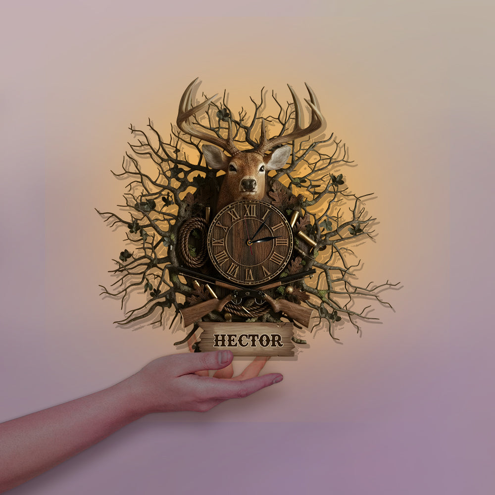 Geschenk für Hirschjäger – Personalisierte LED-Wanduhr mit Jagdlicht
