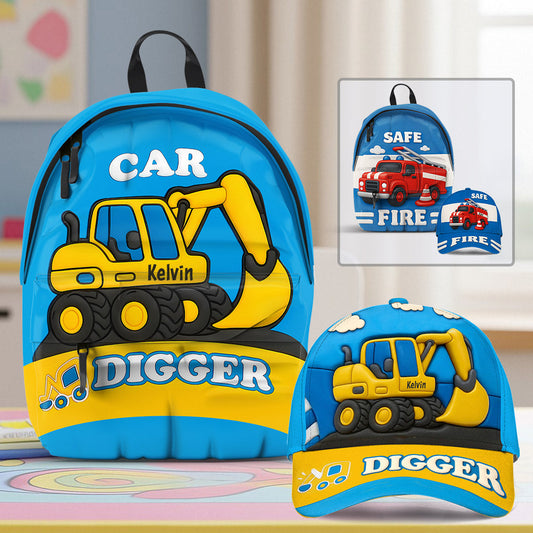 Niedliches Bagger-Geschenk für Kinder – Personalisierte Kinderkappe und Rucksack im klassischen Stil
