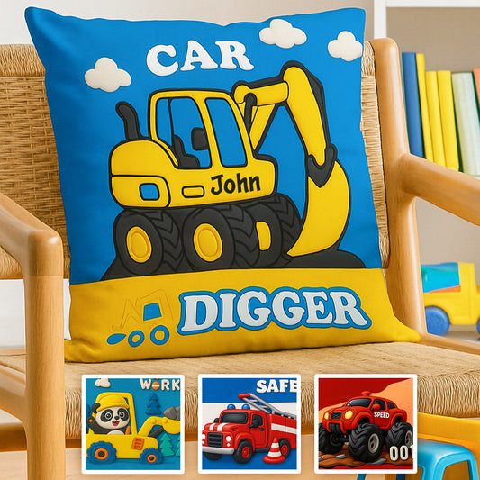 Coussin décoratif personnalisé pour enfant, motif pelleteuse - Cadeau mignon