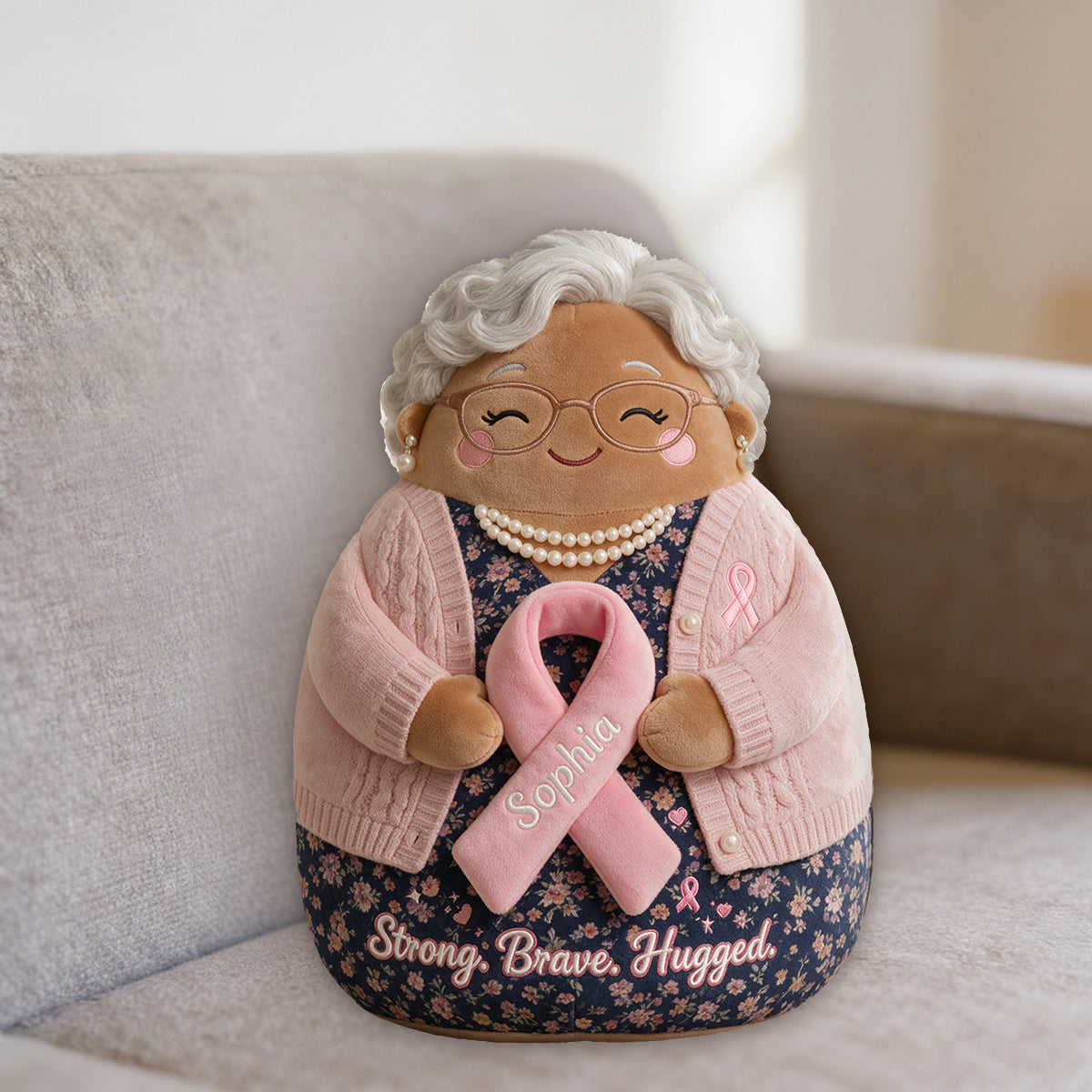 Strong Brave Hugged - Personalized Breast Cancer Awareness Premium Faux Fur Pillow