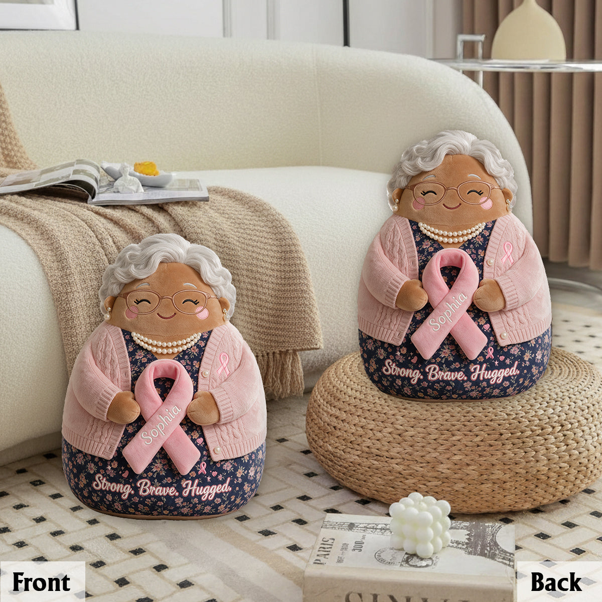 Strong Brave Hugged - Personalized Breast Cancer Awareness Premium Faux Fur Pillow