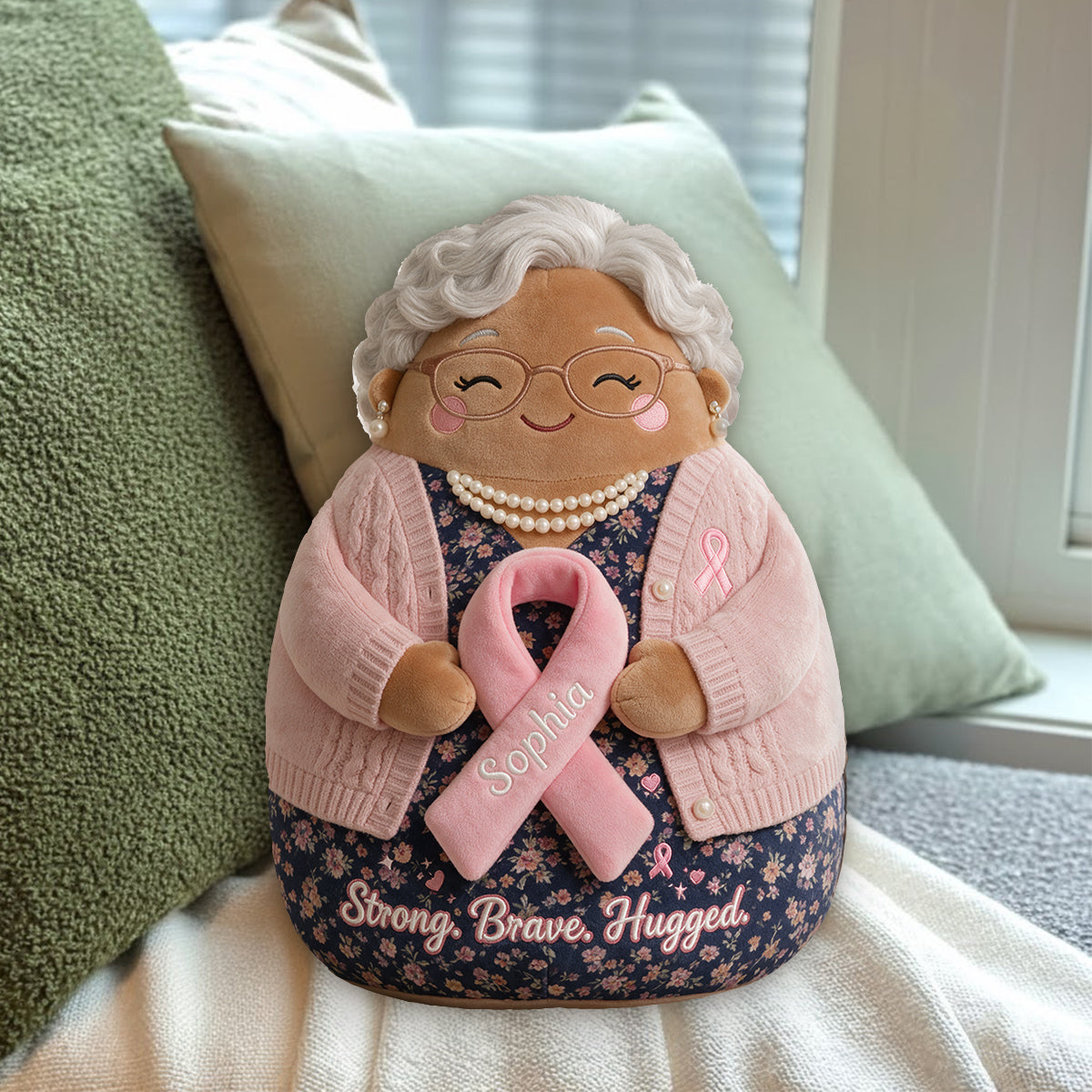 Strong Brave Hugged - Personalized Breast Cancer Awareness Premium Faux Fur Pillow