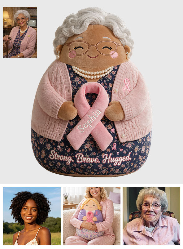 Strong Brave Hugged - Personalized Breast Cancer Awareness Premium Faux Fur Pillow