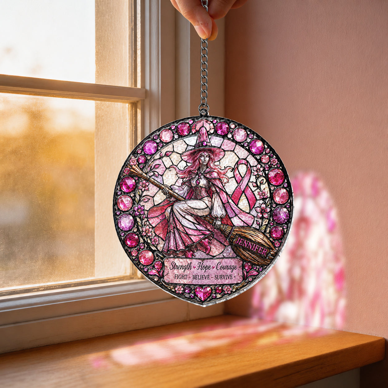 Force Espoir Amour - Attrape-Soleil en Verre Imprimé 3D Personnalisé pour la Sensibilisation au Cancer du Sein