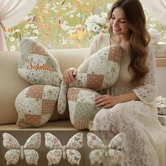Coussin papillon personnalisé en fausse fourrure, motif fleurs et papillons, style cottagecore -