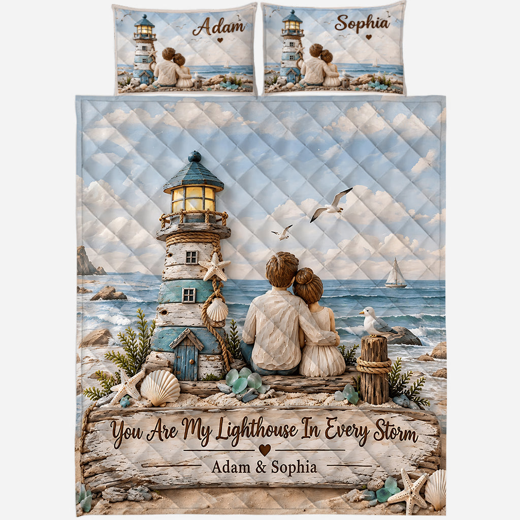 You Are My Lighthouse In Every Storm - Personalized Couple Quilt Set