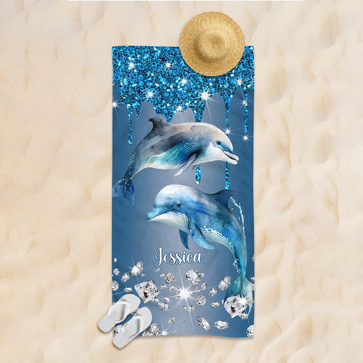 Magnifiques dauphins - Serviette de plage/de bain personnalisée à séchage rapide avec motif dauphin