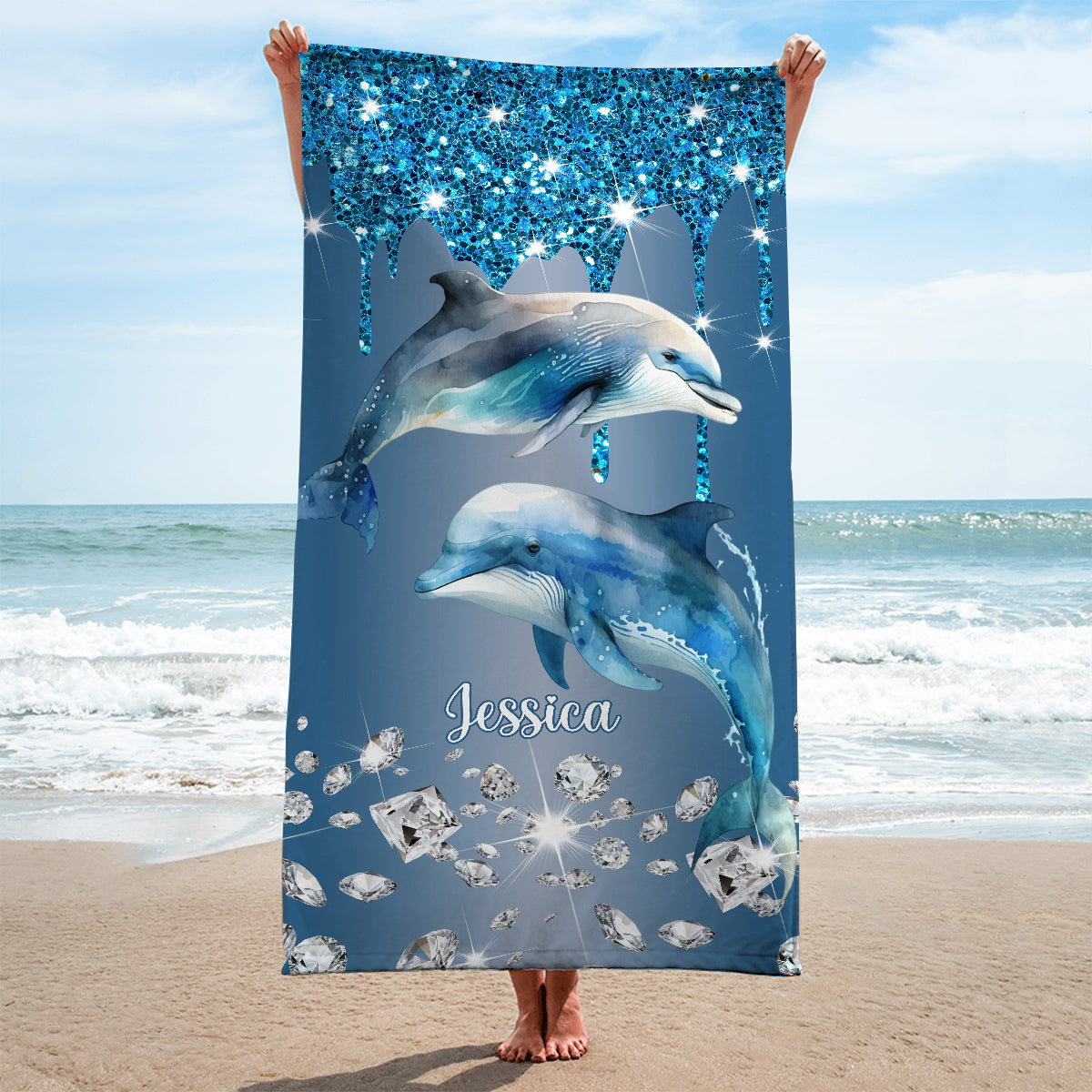 Magnifiques dauphins - Serviette de plage/de bain personnalisée à séchage rapide avec motif dauphin