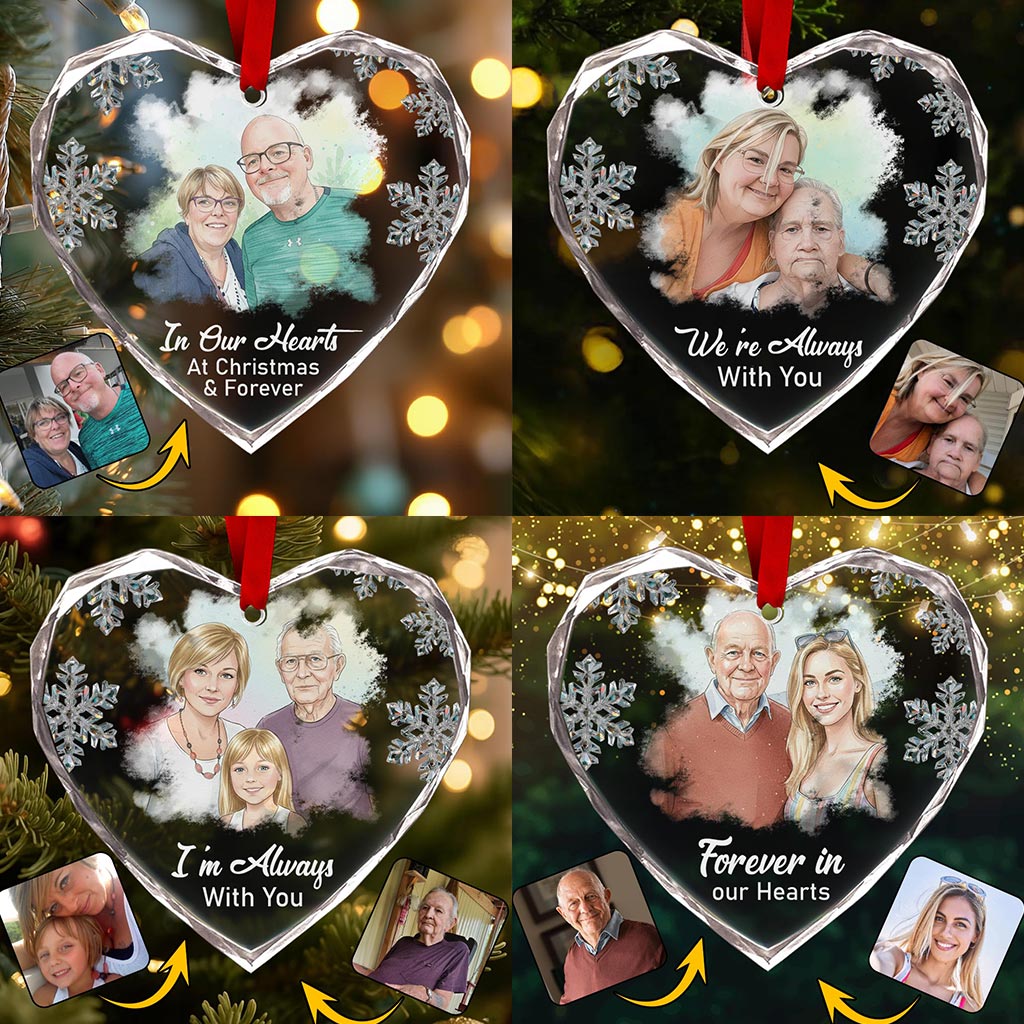 In Our Hearts At Christmas & Forever - Personalized Memorial Heart Shaped Glass Ornament