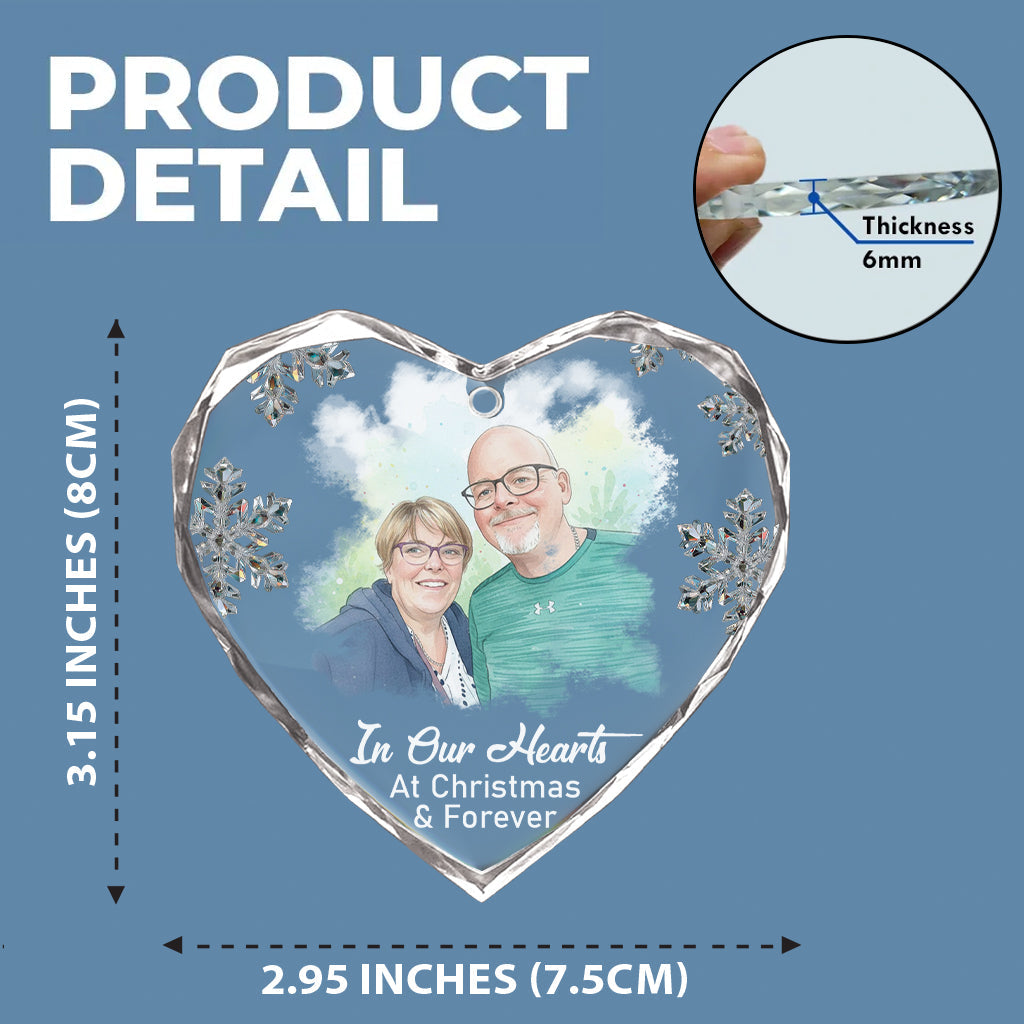 In Our Hearts At Christmas & Forever - Personalized Memorial Heart Shaped Glass Ornament
