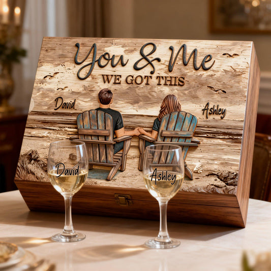 Toi et moi, on gère ! - Coffret de verres à vin personnalisés pour couple avec boîte en bois