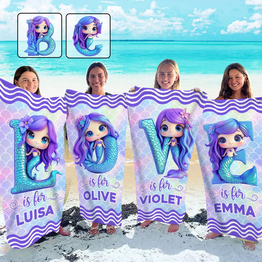 Personalisiertes Meerjungfrauen-Alphabet – Schnelltrocknendes Strand-/Badetuch für Kinder
