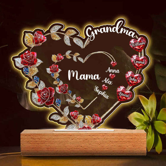 Grandma Mom Floral Heart - Personalized Grandma Shaped Plaque Light Base