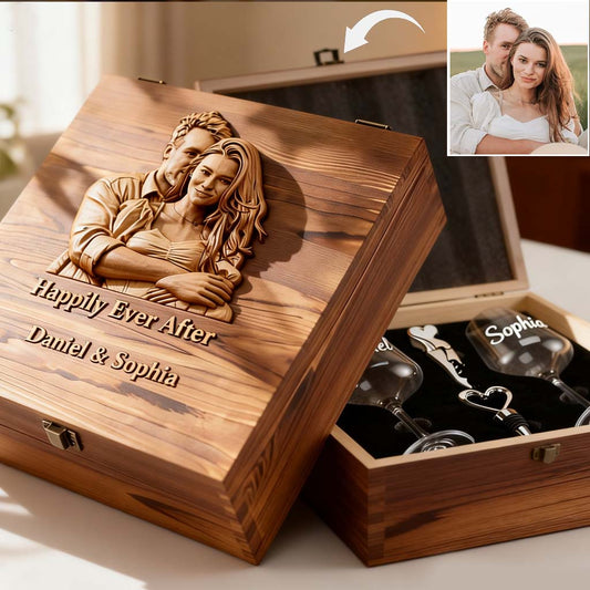 Ils vécurent heureux pour toujours - Coffret de verres à vin personnalisés pour couple avec boîte en bois