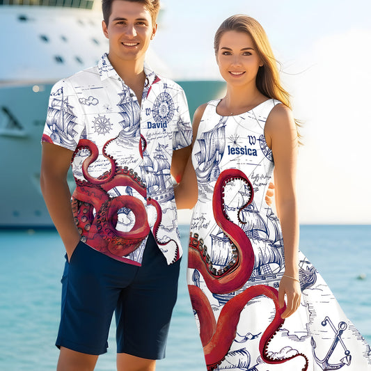 Octopus Sailboat Cruise Print Matching Beach Shirts and Dress Outfit For Couples - Personalized Couple Hawaiian Shirt & Sleeveless Dress
