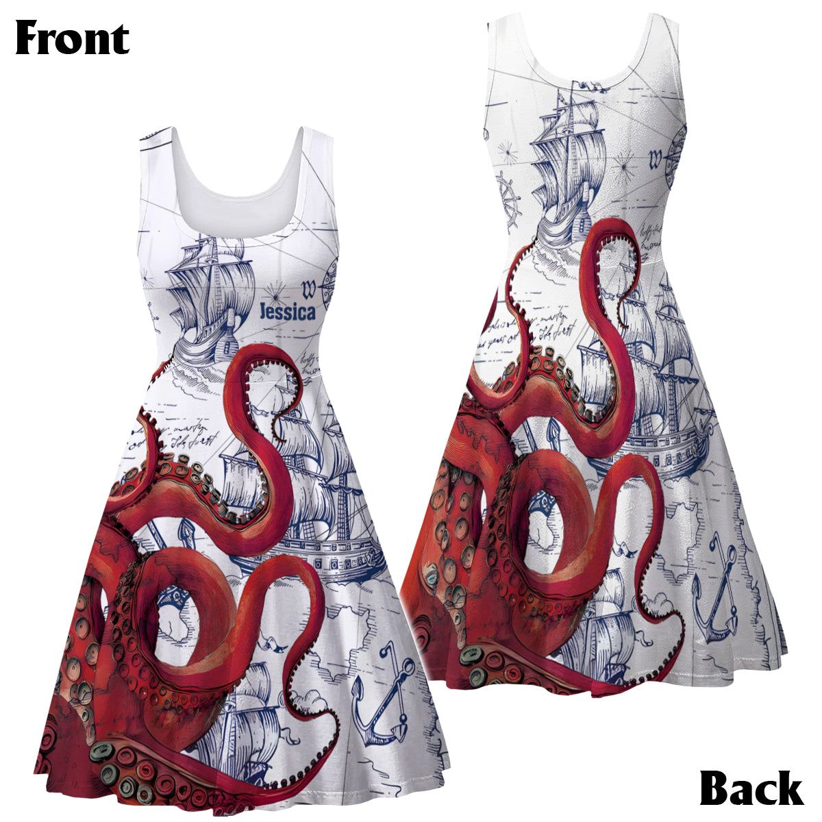 Octopus Sailboat Cruise Print Matching Beach Shirts and Dress Outfit For Couples - Personalized Couple Hawaiian Shirt & Sleeveless Dress