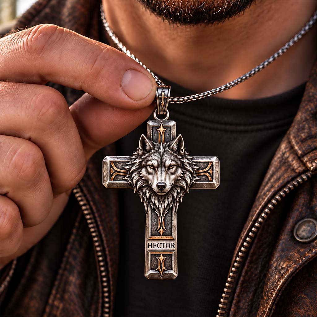 Wolf Guardian Cross Necklace - Personalized Wolf Shaped Metal Pendant Necklace